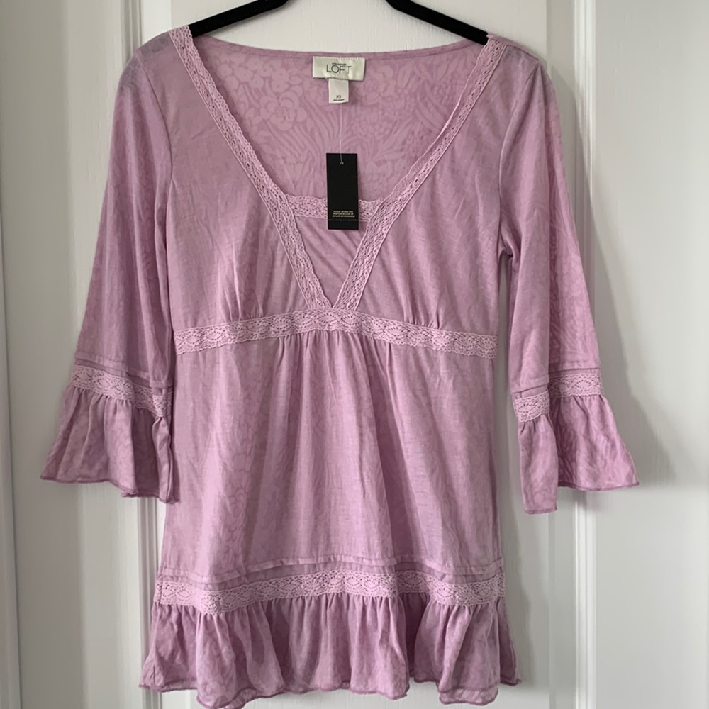 NWT LOFT Lavender Burnout Lace 3/4 Length Bell Sleeves Semi-Sheer Top Size XS